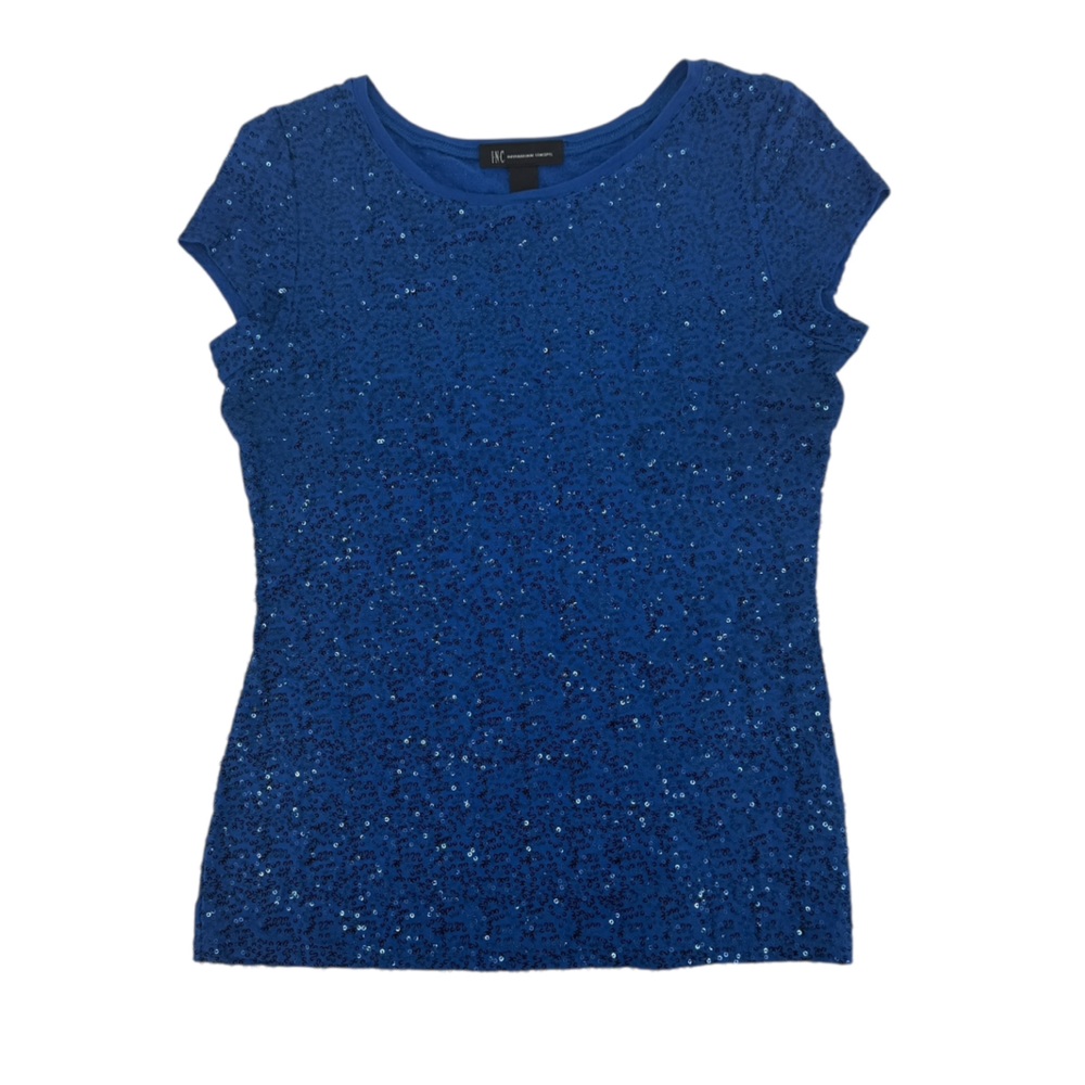 INC International Concepts Blue Sequin Short Sleeve Top Size Medium Women’s